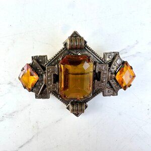 Art Deco Golden Amber Czech Glass Brooch 1930s Vintage Faceted Glass & Brass Pin